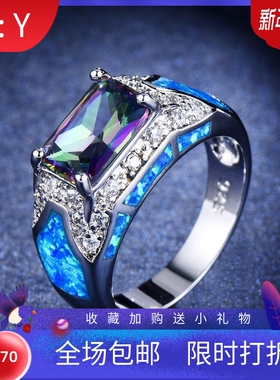 新款跨境欧美简约风方块锆石几何澳宝戒指男士个性夸张款指环