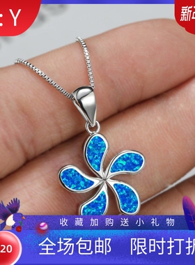 新款欧美亚马逊韩式简约风白金花朵蓝色澳宝项链百搭锁骨链