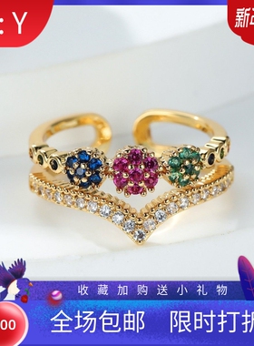 新款跨境热卖金色双层V形开口戒指 时尚个性百搭微镶锆石指环