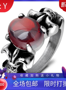 新款欧美网红潮流复古暗黑风石榴红玫瑰情侣戒指潮男个性百搭戒