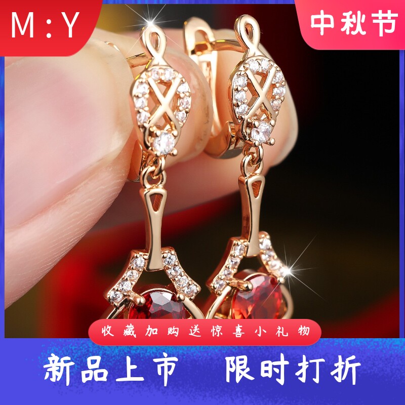 小众重工水滴红宝石长款耳坠交叉