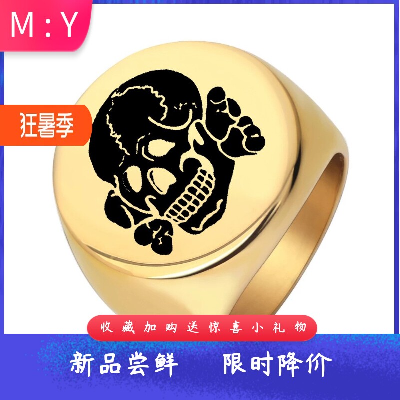 新款亚马逊钛钢欧美时尚激光22MM圆形骷颅头戒指男式指环不锈钢女