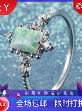 戒指女长方进口opal欧泊澳宝边上白钻戒指男欧美时尚手饰爆款配饰