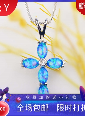 新款 亚马逊 ins风 蓝色澳宝十字架吊坠澳宝项链饰品镶进口欧泊