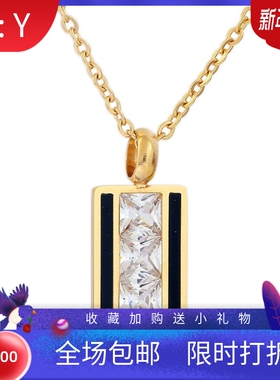 新款欧美个性简约钛钢18K金22MM长方形双边滴油镶锆项链锁骨链女