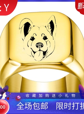 新款欧美跨境创意简约小狗动物狗狗18MM钛钢戒指复古方形圆形指环