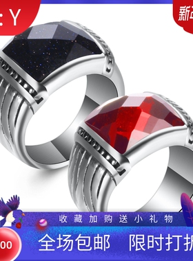 新款欧美跨境亚马逊13MM时尚镶钻情侣戒指不锈钢石榴红蓝宝石戒指