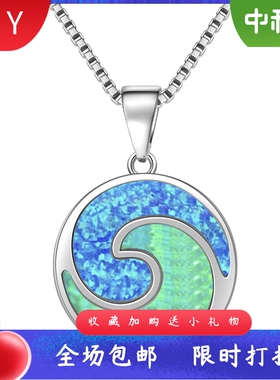 新款项链女欧美时尚饰品蓝色澳宝冲浪项链波浪吊坠毛衣链欧珀项链
