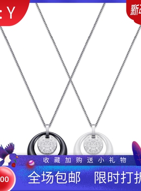新款欧美跨境钛钢个性圆形陶瓷双层镂空镶钻时尚情侣项链锁骨链不