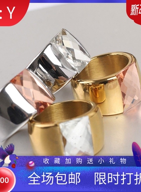 新款欧美亚马逊不锈钢14MM镶钻玻璃简约戒指时尚情侣对戒戒指