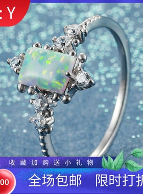 戒指女长方进口opal欧泊澳宝边上白钻戒指男欧美时尚手饰爆款配饰