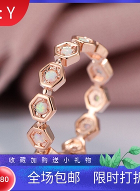 新款跨境配饰欧美玫瑰金澳宝六边形戒指个性欧泊手饰opal指环
