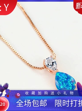 新款欧美时尚蓝色澳宝白金白钻水滴形蓝澳宝吊坠项链跨境热卖饰品