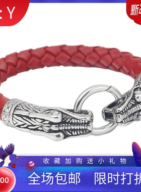 新款厂家 欧美ins钛钢双龙头皮革手链不锈钢铸造龙头个性手链