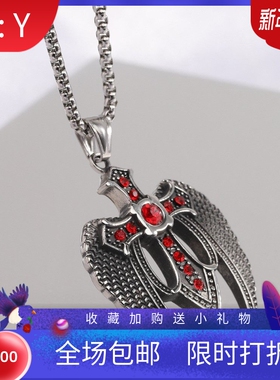 新款欧美ins暗黑朋克风 黑暗天使十字架大宝剑镶锆吊坠项链不锈钢