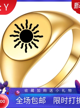新款跨境欧美12MM圆形刻太阳18K金男女复古时尚铸造戒指指环
