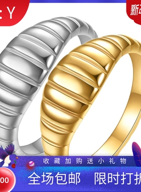 新款欧美跨境女时尚简约面包条纹18K金不锈钢304戒指气质百搭热卖