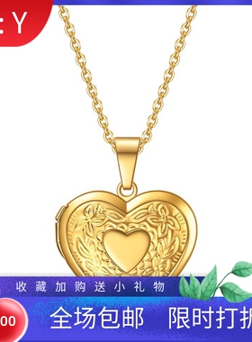 新款亚马逊不锈钢个性心形花纹可打开相框纪念钛钢吊坠镀18K项链