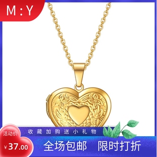 新款亚马逊不锈钢个性心形花纹可打开相框纪念钛钢吊坠镀18K项链