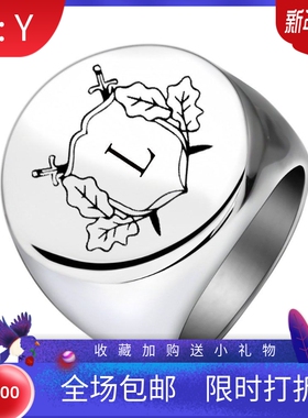 新款跨境摇滚复古朋克乐队 激光双剑树叶字母钛钢戒指不锈钢银色