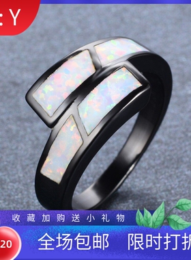 新款跨境个性简约时尚黑金白色澳宝戒指女式气质百搭指环