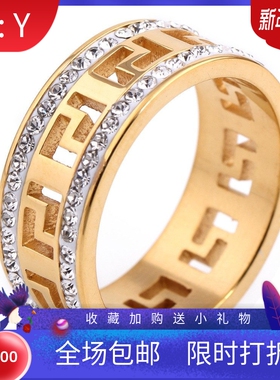 新款厂家欧美8mm18K金不锈钢镂空长城状个性双排镶钻不锈钢戒指女