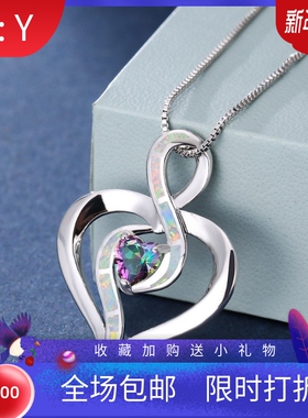 新款时尚白金水蓝钻心形蓝色进口澳宝项链女ins风轻奢颈链