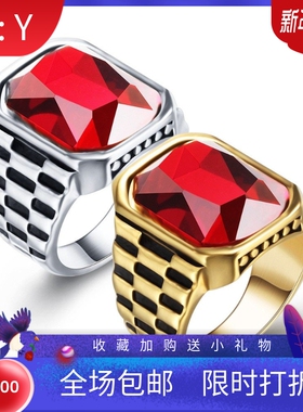 新款欧美复古宫廷潮流戒指19MM镶红宝石扳指不锈钢钛钢戒指指环女
