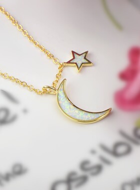 Ins时尚欧美饰品白色星月项链进