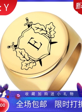 新款欧美跨境热卖22MM圆形复古激光双剑树叶字母钛钢戒指不锈钢女