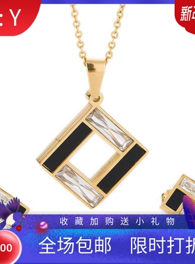新款欧美跨境气质百搭套装18K金镶钻滴油方形镂空百搭钛钢项链学