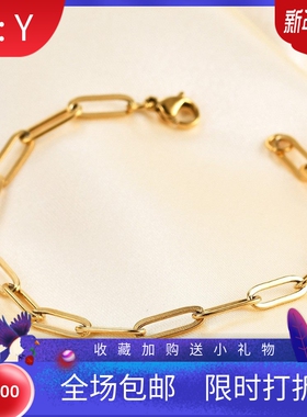 新款欧美跨境个性简约ins回形针长方形链手链14K镀金百搭手链