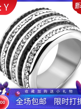 新款跨境20MM欧美复古时尚6行黑白镶钻钛钢戒指不锈钢指环女