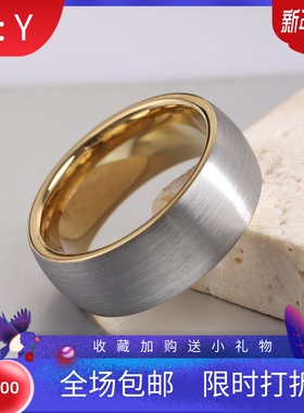 新款欧美亚马逊8MM间金黑弧磨砂钨钢戒指环简约情侣钨金对戒戒指
