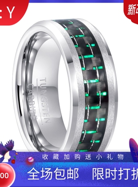 新款跨境亚马逊欧美8MM个性钨钢镶嵌碳纤维戒指环男钨金纯黑戒指