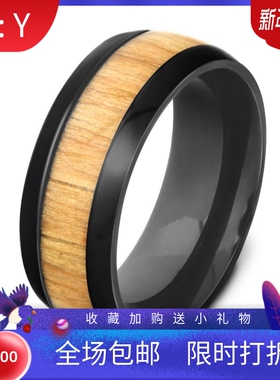 新款欧美个性简约不锈钢双边8mm木纹戒指时尚网红不锈钢戒指饰品