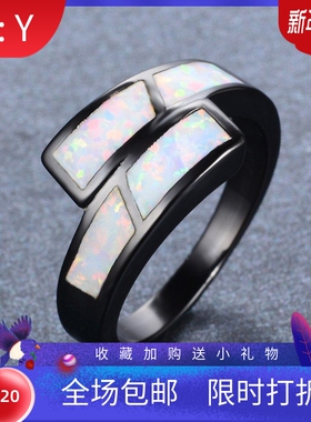 新款跨境个性简约时尚黑金白色澳宝戒指女式气质百搭指环