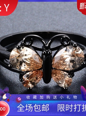 新款 黑金蓝锆石蝴蝶戒指 小动物
