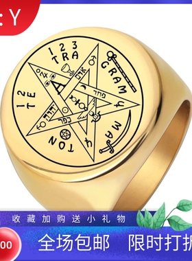 新款欧美跨境五角星图章字母几何光面圆形22MM潮流创意不锈钢戒指