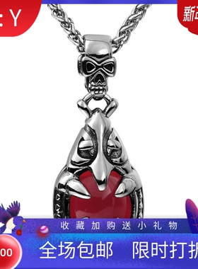 新款欧美复古朋克个性22MM骷髅扣红色石榴宝石时尚潮人女项链钛钢