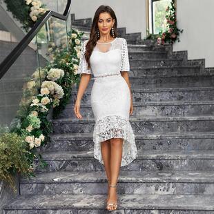 Fashion women's wear新款蕾丝白色中裙欧美外贸修身鱼尾裙连衣裙