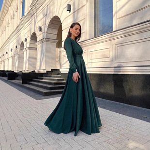 欧美外贸女装新款亚马逊气质优雅长袖大摆雪纺秋冬连衣裙V领批发