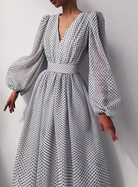 Cute romantic women's dress法式气质甜美波点泡泡袖收腰连衣裙