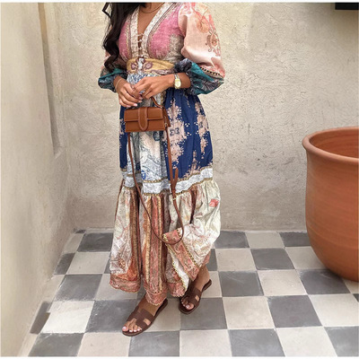 波西米亚民族风泡泡袖大码连衣裙