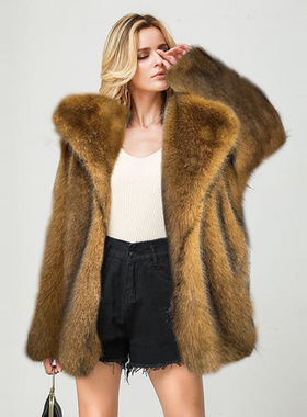 Faux fur coat流行秋冬时尚仿皮草中长款大衣西服保暖仿皮草外套