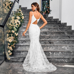 跨境欧美礼服 亚马逊性感宴会聚会婚礼修身包臀伴娘小拖尾礼服裙