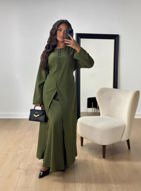 Middle Eastern women's long dress中东女缎面纽扣晚礼服两件套