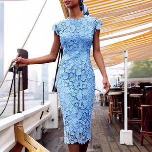 欧美外贸新款女装 wish亚马逊新品圆领无袖铅笔裙中裙