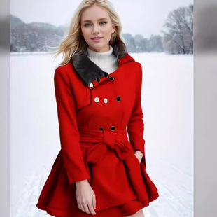 Fashion womenswear欧美呢子大衣裙摆女式毛领秋冬外套双排扣风衣