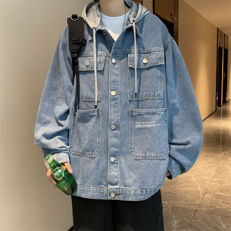 港风秋款男牛仔夹克衫连帽工装大口袋字母印花休闲外套JK027 P75图片